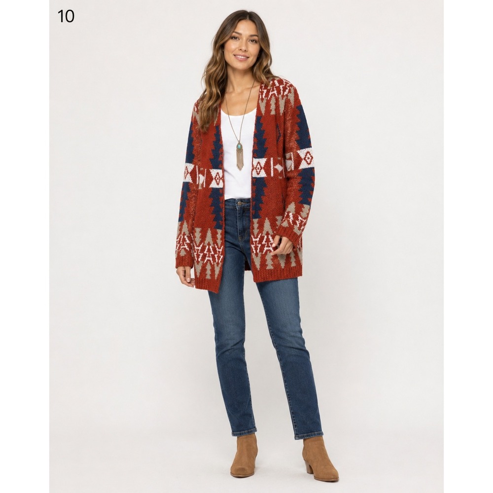 ALLY MAE Cardigan Sweater Womens Small Orange Aztec Soft Acrylic Open Front